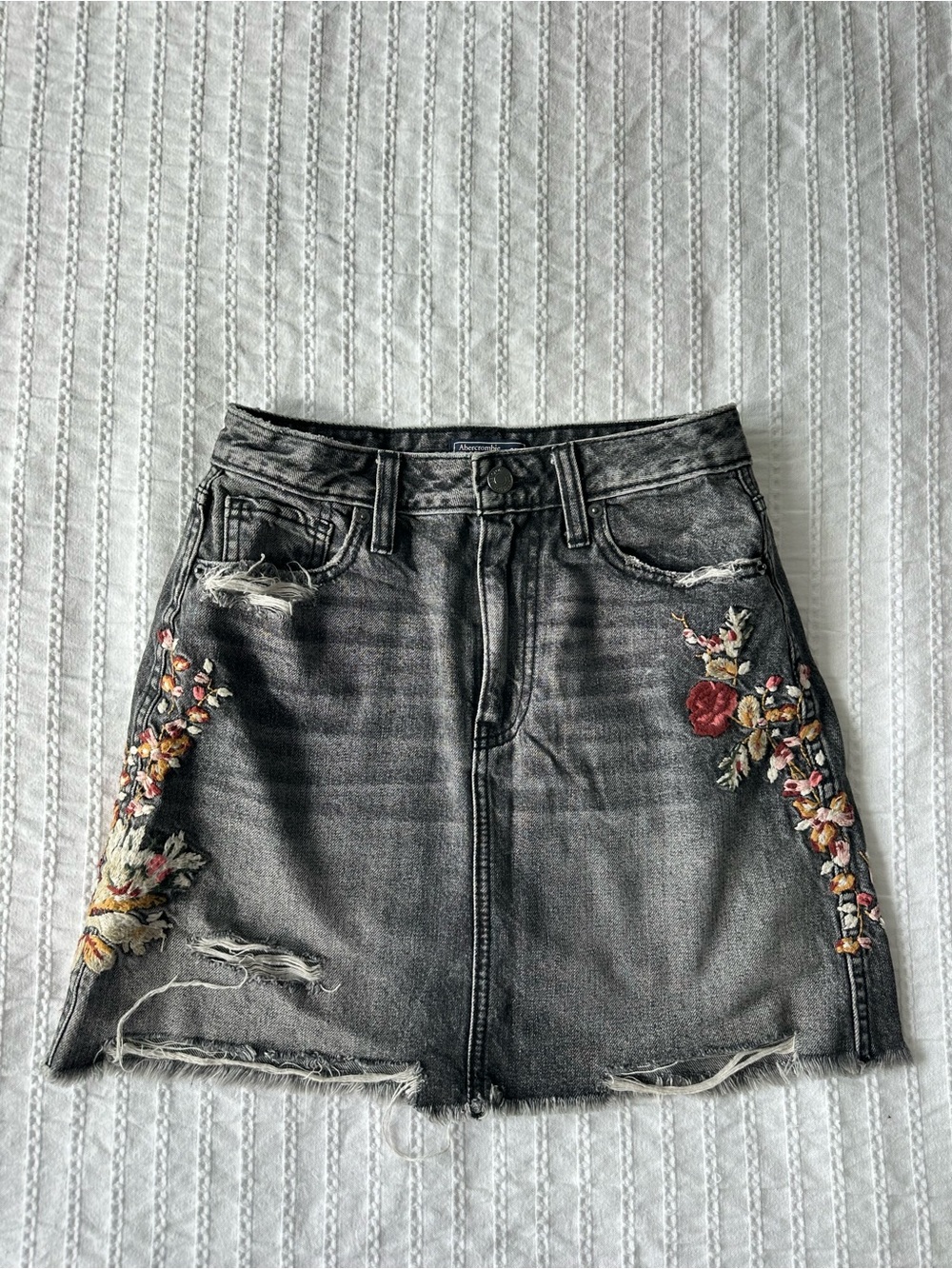 A&F: Washed Black Embroidered Denim Mini Skirt